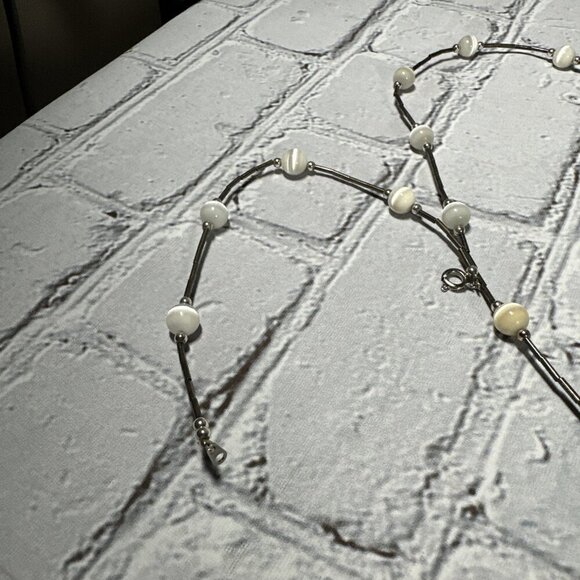 Vintage Silver Tube Bead Round White Cat Eye Glass Bead Necklace And Bracelet - Picture 8 of 13